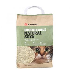 Flamingo Litière pour Chats Soja - Granulés Fins agglomérant 2,5KG pour 6 semaines - 100% Naturel et biodégradable - Absorbe Rapidement