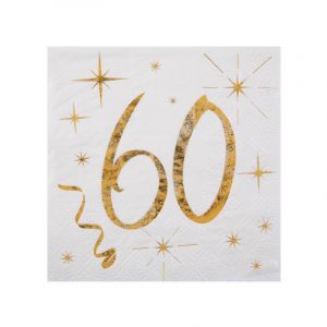 Axho 20 Serviettes en Papier Anniversaire - Blanc et Or - 60 ans
