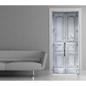 Plage Sticker porte, trompe l'oeil porte en bois hausmanien avec poignée, 204 cm X 60 cm