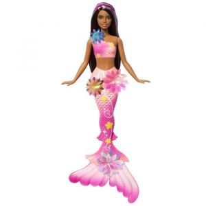 Mattel Poupée Sirène Fleur Magique avec éclosion de Fleurs Surprise, queues en dégradé de Couleurs, Serre-tête perlé et Longs Cheveux Bruns avec mèches Violettes, JDM73