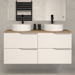 Meuble de salle de bain 120 avec plateau miel et vasque à poser - sans miroir - 4 tiroirs - blanc - LUNA