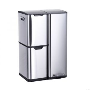 Image de Relaxdays Poubelle, 3 compartiments, 60 L, seaux amovibles, fermeture douce, pédale, inox, tri déchets cuisine, argent