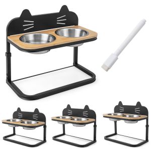 Station d'alimentation surélevée Coast pour chats et chiens - 43 x 22 x 33-38.5 cm - Noir et naturel - Hauteur réglable avec 2 bols en acier inoxydable