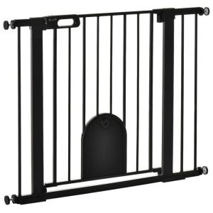 Pawhut Barrière de sécurité pour chiens animaux de compagnie pour escaliers et portes 75-103 cm avec 2 rallonges, fermeture automatique et système à double verrouillage acier noir