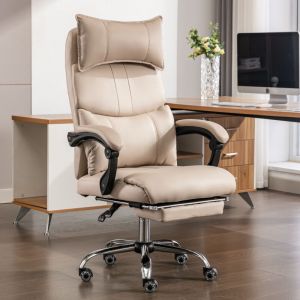 Chaise de bureau avec repose-pieds, fauteuil en PU, dossier r&eacute;glable - design ergonomique, Beige