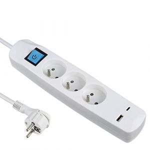 Electraline 35604 Bloc Multiprise 3 Prises Fran&ccedil;aises + 2 USB 3.4A 17W (1 Type A + 1 Type C), Avec interrupteur ON/OFF, Fiche Extra Plate 90&deg; 16A, C&acirc;ble 1.5M