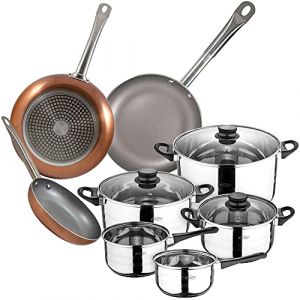San Ignacio Batterie de cuisine en acier inoxydable de 8 pièces avec poêles à frire (18,22 et 26 cm) en aluminium pressé Collection Optimum Plus