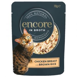 Encore Nourriture Humide 100% Naturelle de qualité supérieure pour Chat - Poitrine de Poulet avec Riz Complet en Bouillon pour Chat Adulte - Lot de 16 sachets de 70 g