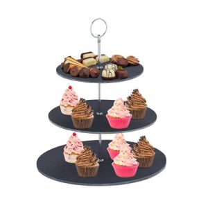 Relaxdays Présentoir à apéritif, Buffet, 3 Niveaux, Ardoise, poignée en métal, HD 33 x 30 cm, Anthracite/argenté