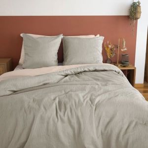 Parure de lit Effet Gaze de Coton 220x240 cm  - Housse de Couette 220x240 cm + 2 Taies d'oreiller 63x63 cm bi-matière grise