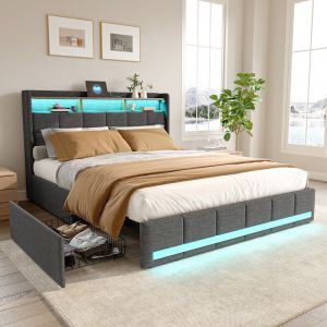 Lit 140 x 190 avec sommier,lit 2 personnes avec tiroirs et &eacute;tag&egrave;res de rangement ouvertes,lit double rembourr&eacute; avec led et USB,lit 140 x 190 avec