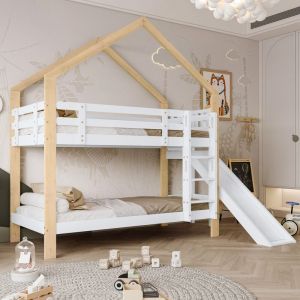 Lit superposé 90x200cm, lit cabane enfant avec échelle et toboggan, cadre en pin massif, blanc + naturel