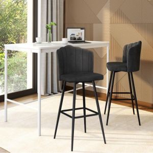 Idmarket Lot de 2 tabourets de bar coquillage ADELLA gris anthracite en velours pieds noirs