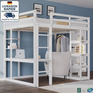 MODFU - Lit mezzanine enfant en bois 140×200cm avec bureau et étagère, 1 tringle à vêtements, antichute, sans matelas, blanc