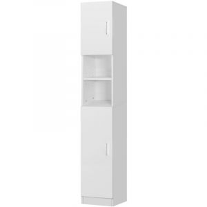 Armoire Haute de Salle de Bain Blanc, 30x190x25 cm, Meuble avec 6 Compartiments et 2 Portes, Grande Espace de Rangement, &Eacute;tag&egrave;re en mdf, Armoire