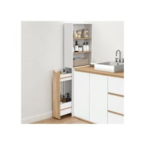 Idmarket Meuble colonne salle de bain TOMI gain de place desserte 2 niveaux avec tiroirs et 3 &eacute;tag&egrave;res fa&ccedil;on h&ecirc;tre et blanc