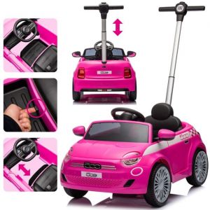 Sun Baby Porteur enfant voiture Fiat 500 - 15 à 4 ans - volant avec son - ceinture de sécurité - poignée télescopique pour parent - Rose
