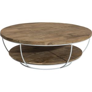 Table b e ronde double plateau style industriel en bois teck + pieds en métal et coque blanc Ø 100 cm
