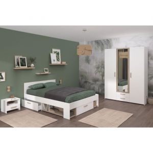 Parisot Chambre complete adulte - DREAM - Lit 140x190/200 cm + 2 chevets + armoire - Décor blanc et chene