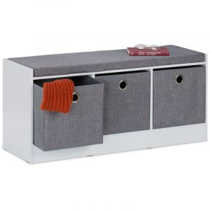 Relaxdays Banc à Chaussures, Assise Confortable, 3 boites Pratiques, H x L x P : 46 x 102 x 32 cm, Blanc et Gris