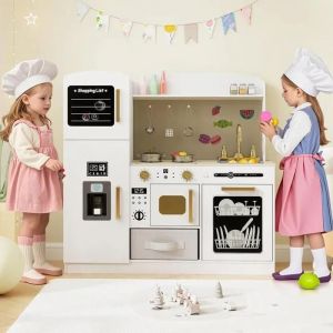 COSTWAY Cuisine Enfants 3 Ans+, 10 avec Accessoires, Effet lumineux et Sonores, Lave-Vaisselle, Micro-ondes,Tableau Noir...