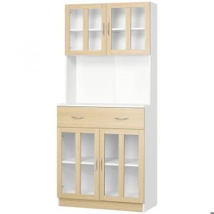 Meuble Haut Buffet Multi-Rangement Cuisine Bois 4 Portes + Tiroir Coulissant