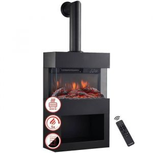 KAMINIO Chemin&eacute;e &eacute;lectrique HENRI avec tuyau - Po&ecirc;le avec chauffage, effet de flamme 3D, compartiment &agrave; bois, t&eacute;l&eacute;commande - Noir