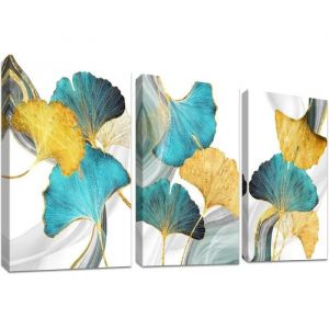 Tableau Mural Triptyque Feuilles Ginkgo Biloba Dor&eacute;es 150x70cm - Impression Toile HD sur Cadre Bois - D&eacute;coration Salon Moderne