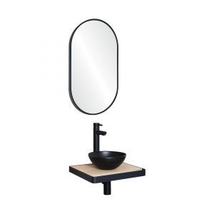 Image de Meuble lave-mains SOHO plan fin p-serviette face vasque noire + miroir - Décor chêne