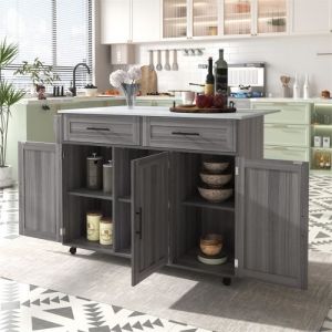 Desserte de cuisine, Chariot de table 129x76x91, 5cm, avec plateau rabattable, étagères intérieures, îlot de cuisine sur 5 roues avec 2 tiroirs, pour
