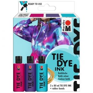 Marabu TIE Dye Ink Set Trend, 3 x 80 ML Base d'eau, élastiques Inclus, Couleur Batik éclatante pour Textiles clairs jusqu'à 20% de Fibres synthétiques, 1730000000202, Trendy