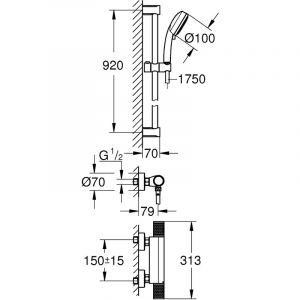 Image de Grohe Grohtherm 1000 Performance mitigeur de douche thermostatique, DN 15, avec kit de douche Tempesta C II, 900 mm, chrom&eacute; - 34784000