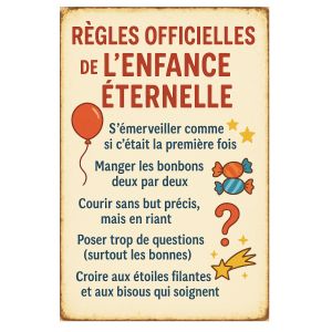 Plaque m&eacute;tal R&egrave;gles officielles de lenfance &eacute;ternelle 30,5 x 20