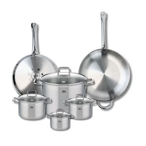 Elo 9510350 Batterie de cuisine 6 pièces, Ensemble de 2 Poêles de cuisson 28 et 32 cm et 4 faitouts 12, 14, 16 et 26 cm Profi Citrin, inox, induction