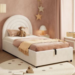 Lit enfant rembourré 90 x 200 cm - Lit coffre - Avec tête de lit - Velours - Beige（matelas non inclus）