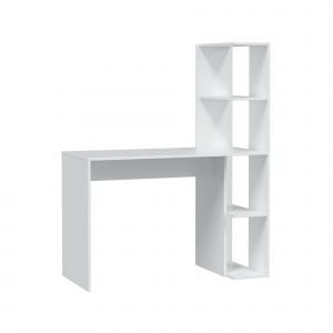 Dmora - Bureau Dlup, Bureau linéaire avec bibliothèque, Table de bureau polyvalente peu encombrante, 110x50h136 cm, Blanc