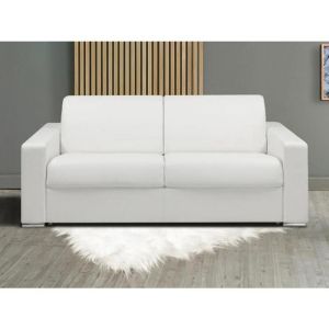 Canapé 2 places convertible express en simili blanc - Couchage lattes larges 120 cm - Matelas 14 cm avec mémoire de forme CALITO