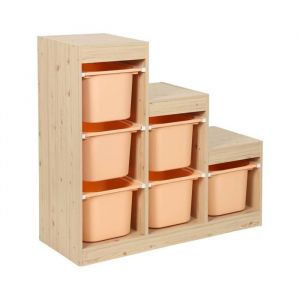 Meuble de rangement enfant escalier 6 bacs de rangement d&eacute;cor bois naturel et p&ecirc;che - Sora