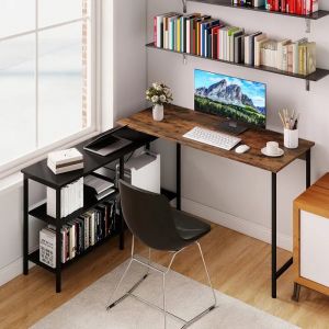 COSTWAY Bureau d&iquest;Angle R&eacute;versible 135 x 120 cm avec &Eacute;tag&egrave;res de Rangement - Cadre M&eacute;tallique Industriel, pour Jouer, Travailler