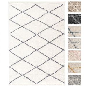 Tapis Shaggy Salon 195 x 290 Crème Anthracite Dessin Diamant, Tapis Salon Poils Longs Extra Doux