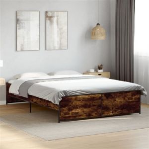 VidaXL Cadre de lit ch&ecirc;ne fum&eacute; 150x200 cm bois d'ing&eacute;nierie et m&eacute;tal, lit, lit d'invit&eacute;, lit double, meuble de chambre &agrave; coucher, sommier