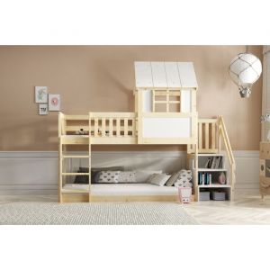Lit superposé Mezzanine avec escaliers dim.matelas 97x197, dim.matelas 90x200 Bois Massif Naturel 2 Places Barrière de sécurité Sommier Sans matelas