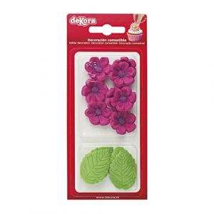 Dekora Boîte de 8 Fleures Fuchsia et 5 Feuilles Vertes en Sucre - Figurines Comestibles pour Gâteaux - Décoration en Sucre pour Gâteaux d'Anniversaire