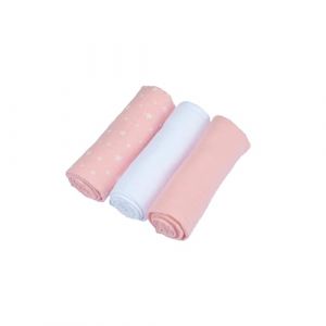B&eacute;b&eacute; Douceur, Set de 3 Langes 100% Gaze de Coton 1 Imprim&eacute; et 2 Unis 70 x 70 cm Rose et Blanc