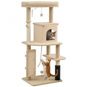 Pawhut Arbre à chat - hauteur 132 cm - avec tapis griffoir lit maison pour chat brosse de toilettage plateformes - beige