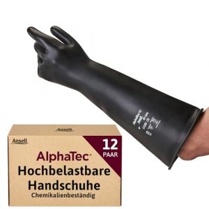 Ansell AlphaTec 87-118 Gants de Protection Chimique en Latex, Haute Résistance à l'Abrasion, Risques Industriels et Produits Dangereux, Acides et Solvants, Noir, Taille S (12 Paires)