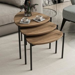 Cotecosy Ensemble de 3 tables basses gigognes tr&eacute;pied Myrtle M&eacute;tal Noir et Bois fonc&eacute;