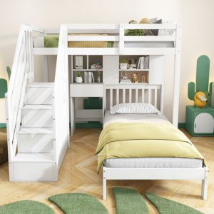 Lit superposé, lit double, lit enfant multifonctionnel, fonction rangement, avec bureau et étagères, avec sommier à lattes, blanc, 90200