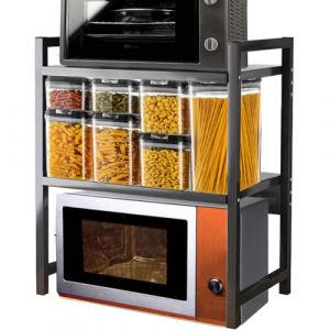 Shally Dogan Étagère à micro-ondes en acier, étagère de cuisine avec étagère à épices, unité d'étagères à 2 compartiments avec pieds antidérapants, design moderne (noir + noir)