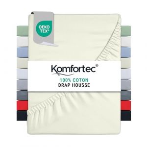 Komfortec Drap-Housse en Jersey 160 x 200 cm, 100% Coton, écru